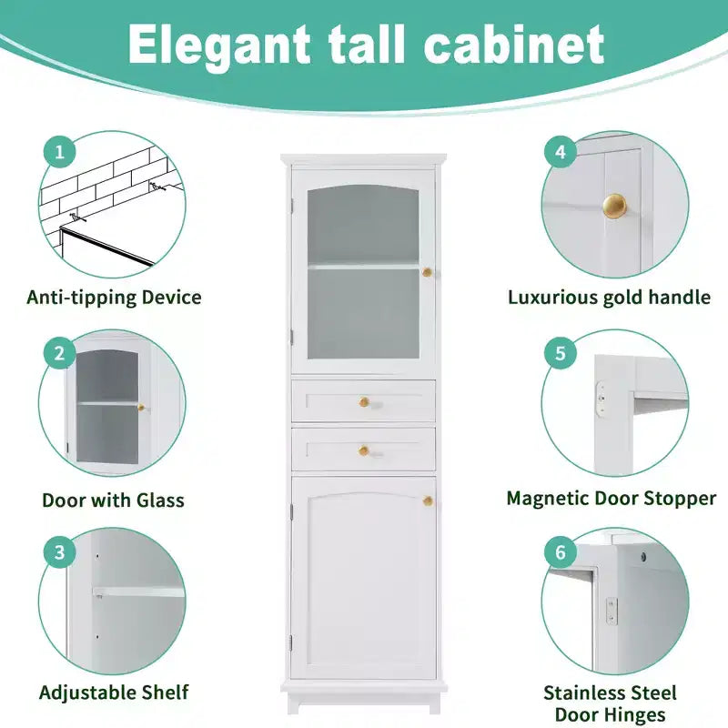 Meuble de Rangement Haut de Salle de Bain de 160 cm avec Portes en Verre, Deux Tiroirs et Étagères Réglables