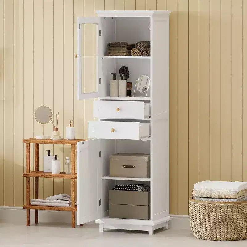 Meuble de Rangement Haut de Salle de Bain de 160 cm avec Portes en Verre, Deux Tiroirs et Étagères Réglables
