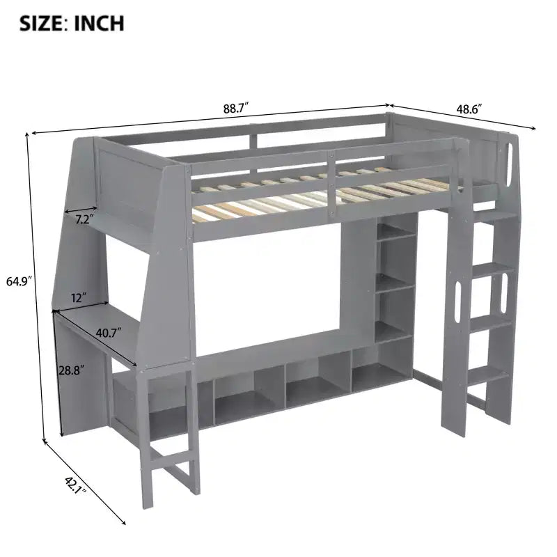 Lit mezzanine gaming double en bois avec bureau, étagères de rangement multiples, LED et une tringle à vêtements