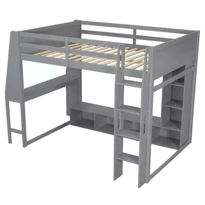Lit mezzanine gaming double en bois avec bureau, étagères de rangement multiples, LED et une tringle à vêtements