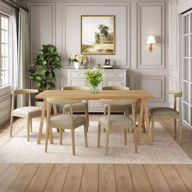 Ensemble de salle à manger Vanus 7 pièces en hévéa rembourré, style moderne du milieu du siècle