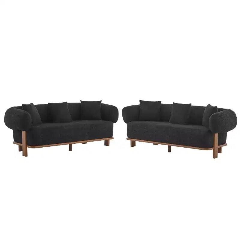 Canapé incurvé 3 places en tissu bouclé, avec coussins, Tadg 82, en hévéa (lot de 2)