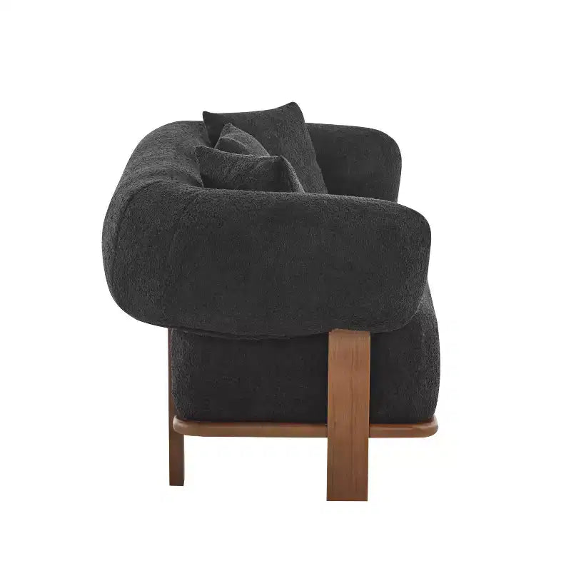 Canapé incurvé 3 places en tissu bouclé, avec coussins, Tadg 82, en hévéa (lot de 2)
