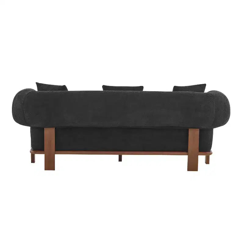 Canapé incurvé 3 places en tissu bouclé, avec coussins, Tadg 82, en hévéa (lot de 2)