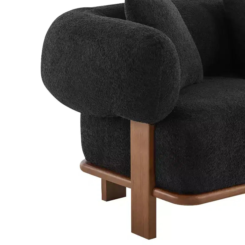 Canapé incurvé 3 places en tissu bouclé, avec coussins, Tadg 82, en hévéa (lot de 2)