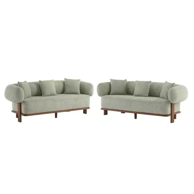 Canapé incurvé 3 places en tissu bouclé, avec coussins, Tadg 82, en hévéa (lot de 2)