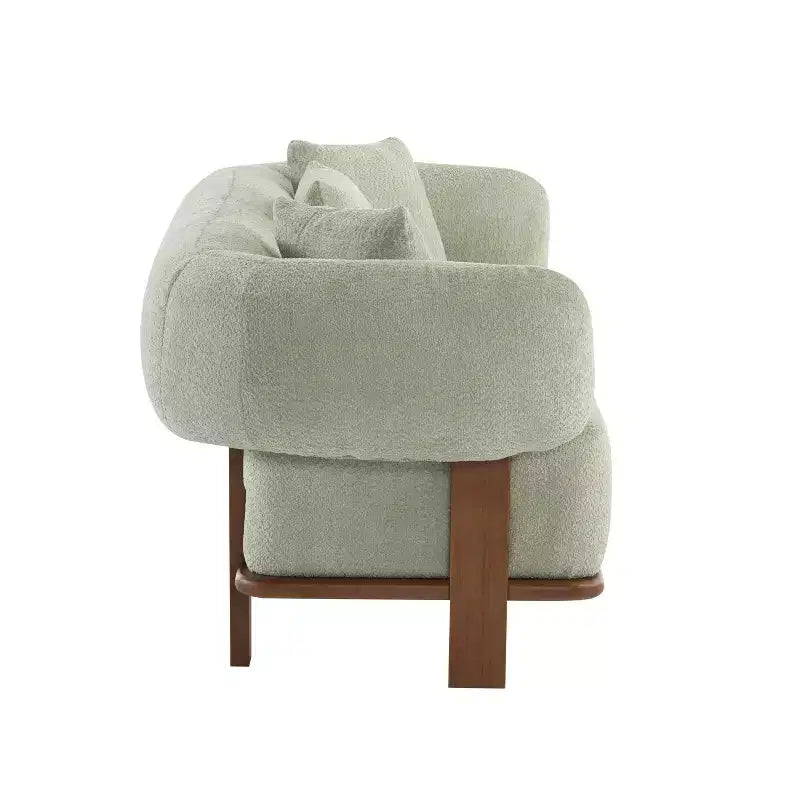 Canapé incurvé 3 places en tissu bouclé, avec coussins, Tadg 82, en hévéa (lot de 2)