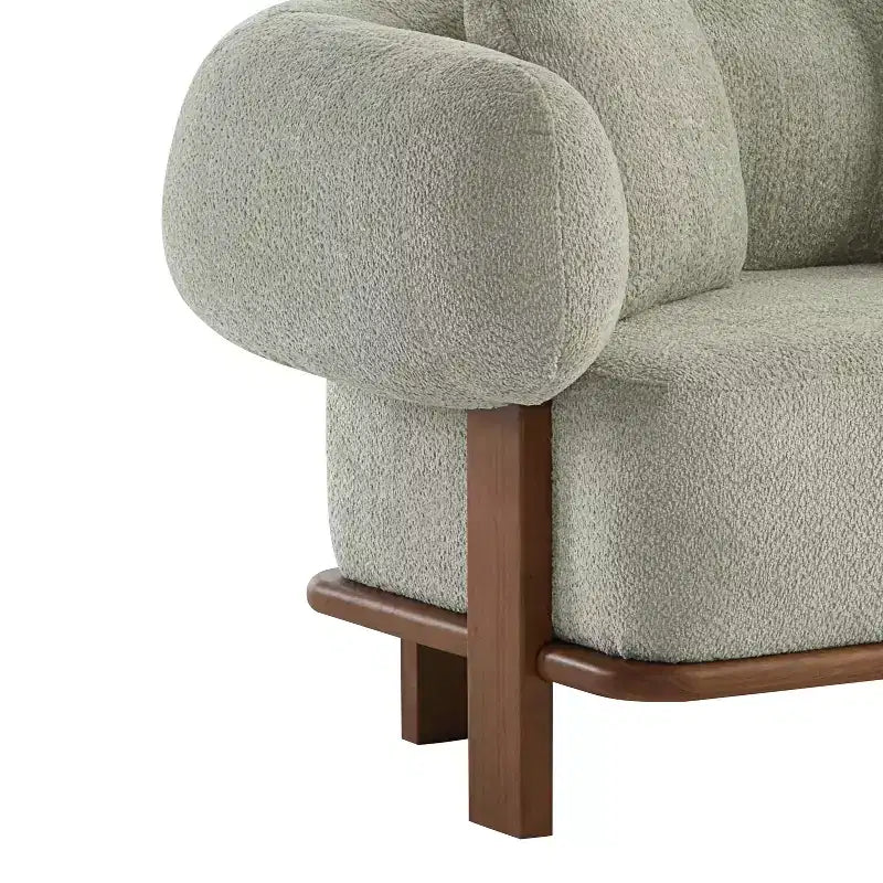 Canapé incurvé 3 places en tissu bouclé, avec coussins, Tadg 82, en hévéa (lot de 2)