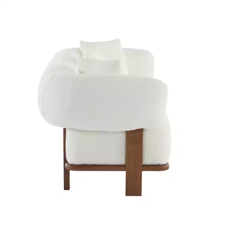 Canapé incurvé 3 places en tissu bouclé, avec coussins, Tadg 82, en hévéa (lot de 2)