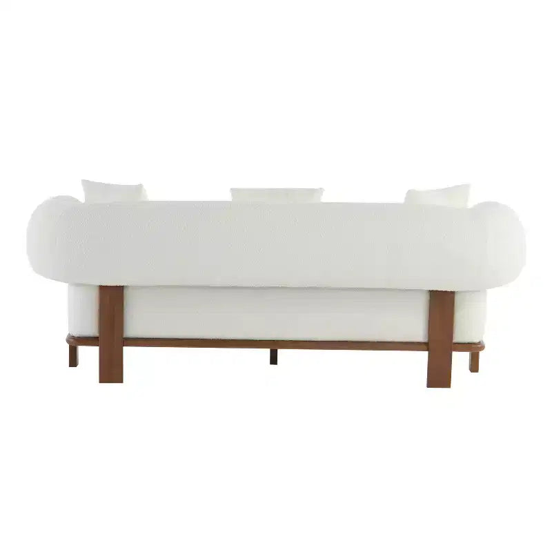Canapé incurvé 3 places en tissu bouclé, avec coussins, Tadg 82, en hévéa (lot de 2)