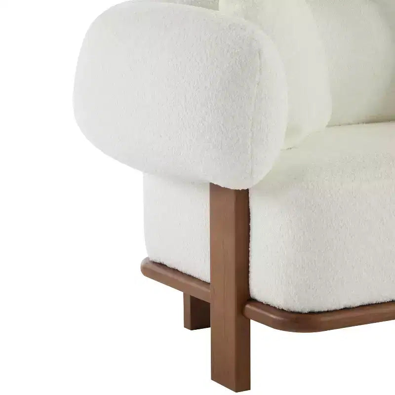 Canapé incurvé 3 places en tissu bouclé, avec coussins, Tadg 82, en hévéa (lot de 2)
