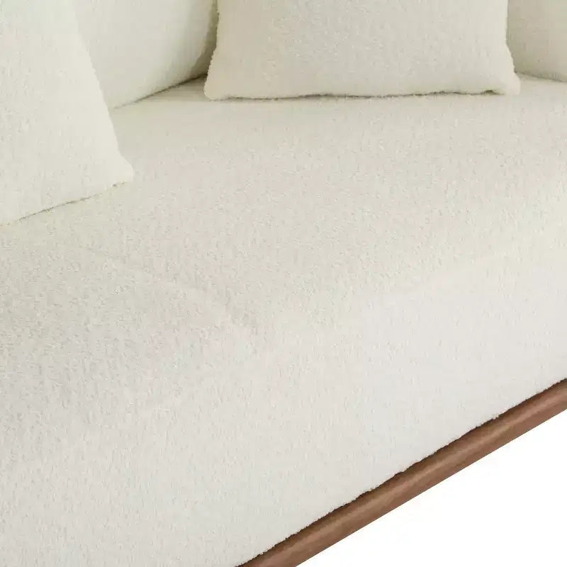 Canapé incurvé 3 places en tissu bouclé, avec coussins, Tadg 82, en hévéa (lot de 2)