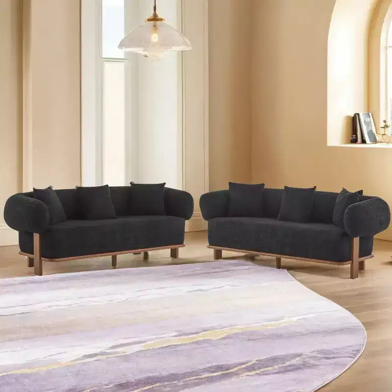 Canapé incurvé 3 places en tissu bouclé, avec coussins, Tadg 82, en hévéa (lot de 2)