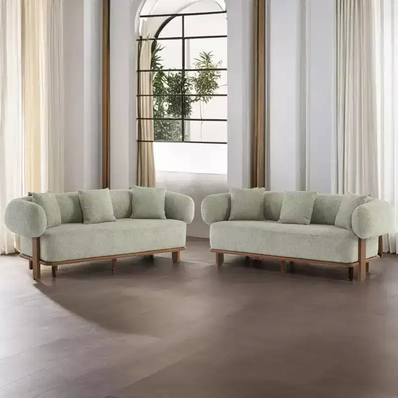 Canapé incurvé 3 places en tissu bouclé, avec coussins, Tadg 82, en hévéa (lot de 2)