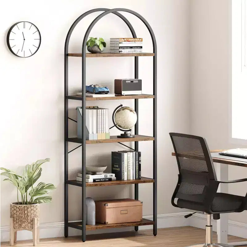 Étagère à 5 niveaux - Bibliothèque à cadre métallique arqué, étagère haute pour chambre, salon et bureau à domicile