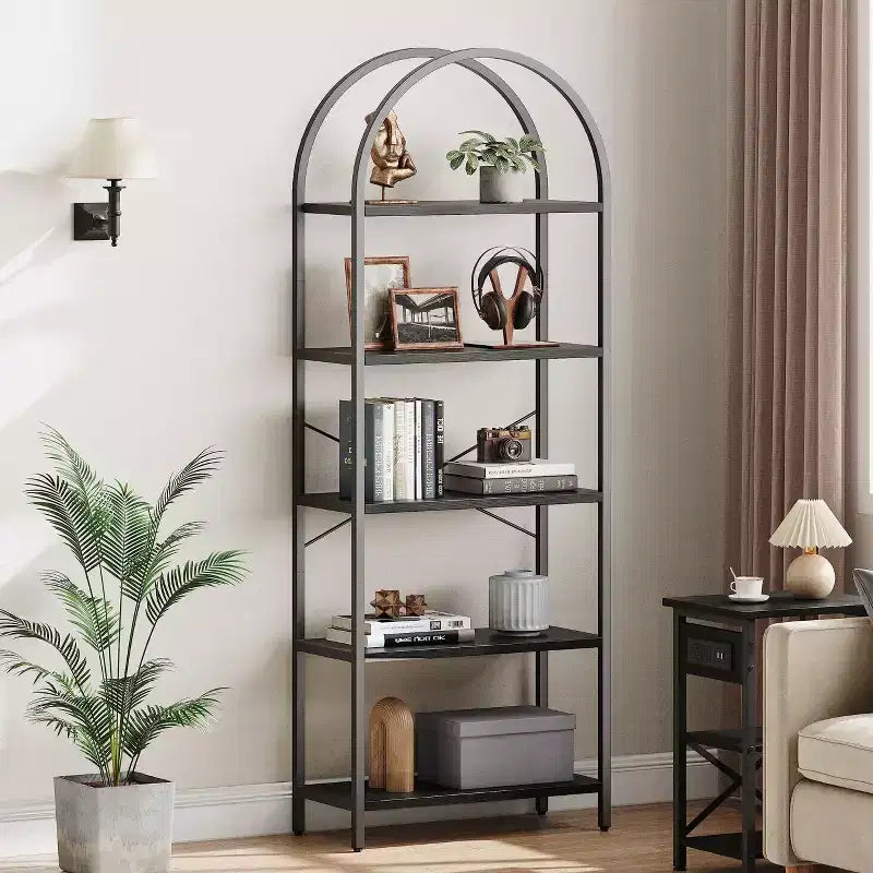 Garvee 5-Tier Bookshelf - Arched Metal Frame Bookcase, Tall Standing Shelf for Bedroom, Living Room & Home Office