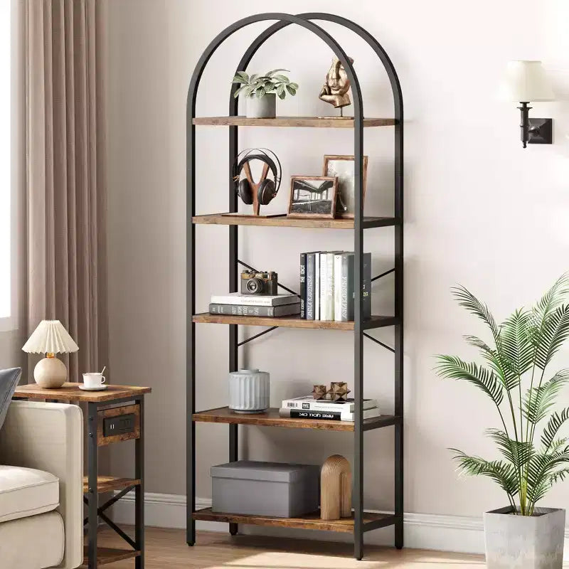 Étagère à 5 niveaux - Bibliothèque à cadre métallique arqué, étagère haute pour chambre, salon et bureau à domicile