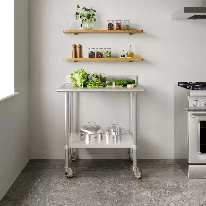 Table de préparation et de travail Reese 30 x 36 avec étagère supérieure en acier inoxydable, dosseret de 4 pouces, étagère inférieure réglable en acier galvanisé, 4 roulettes