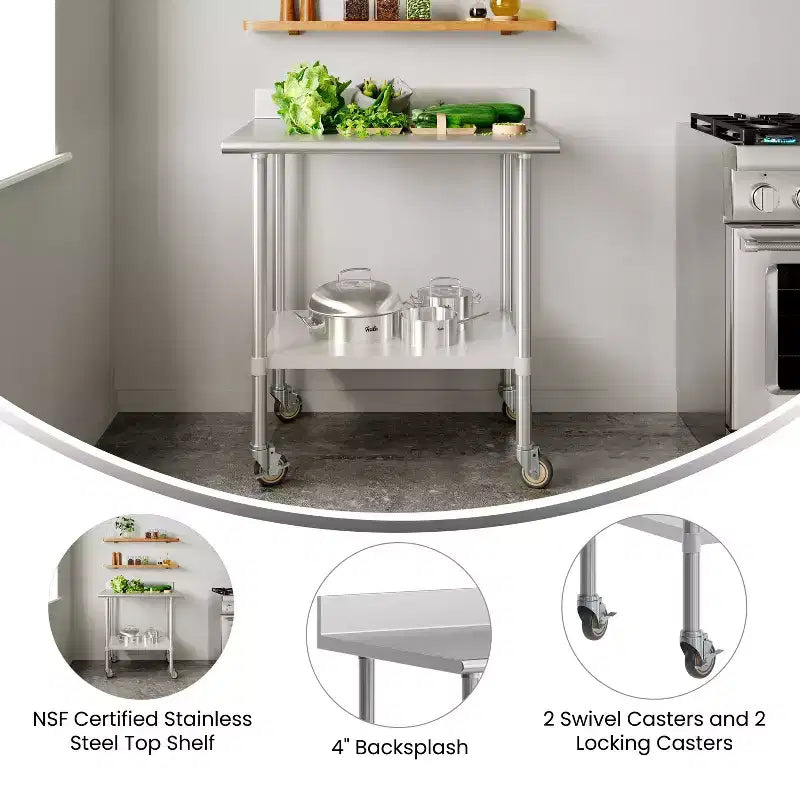 Table de préparation et de travail Reese 30 x 36 avec étagère supérieure en acier inoxydable, dosseret de 4 pouces, étagère inférieure réglable en acier galvanisé, 4 roulettes