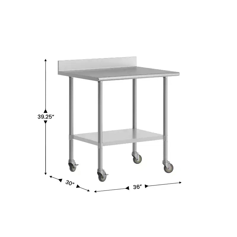 Table de préparation et de travail Reese 30 x 36 avec étagère supérieure en acier inoxydable, dosseret de 4 pouces, étagère inférieure réglable en acier galvanisé, 4 roulettes