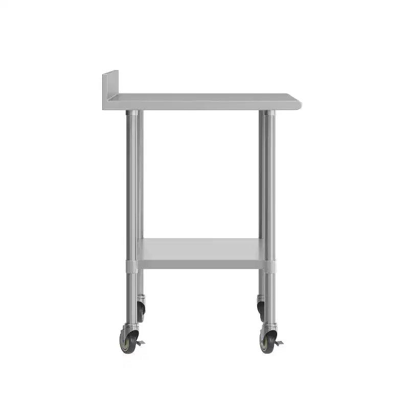 Table de préparation et de travail Reese 30 x 36 avec étagère supérieure en acier inoxydable, dosseret de 4 pouces, étagère inférieure réglable en acier galvanisé, 4 roulettes