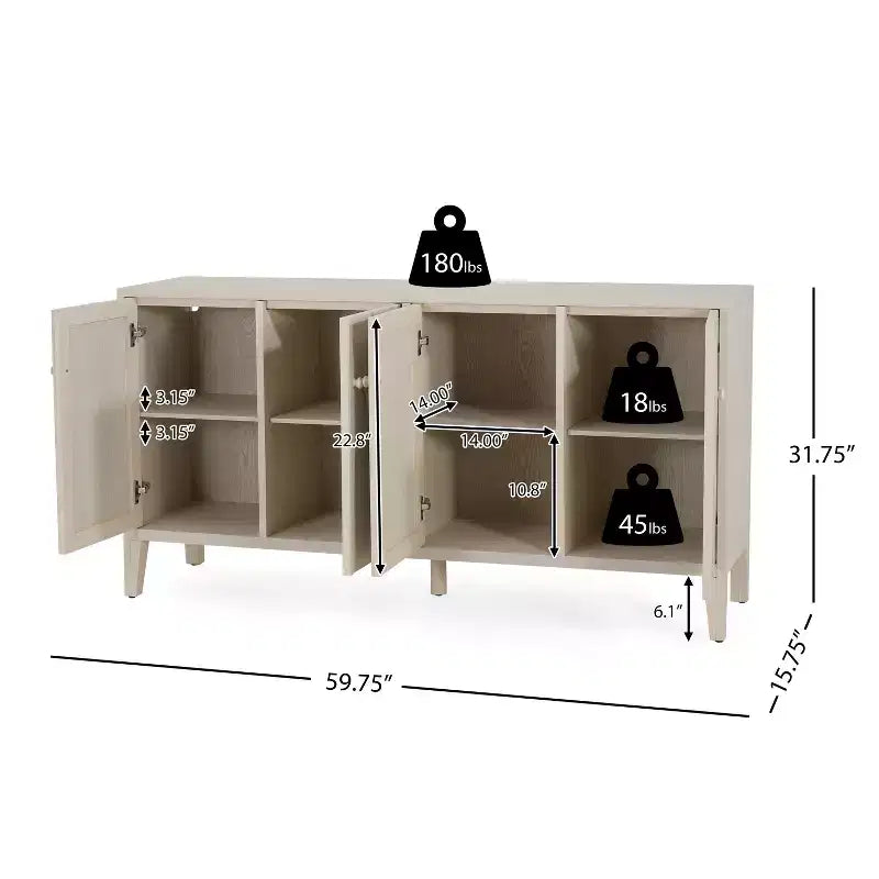 Vaisselier buffet moderne Vaughan avec quatre étagères et portes réglables