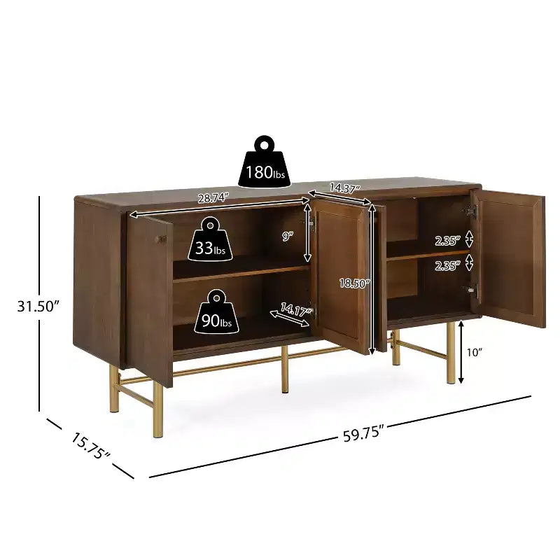 Buffet de salle à manger avec base en métal Vincent Contemporary et deux étagères réglables