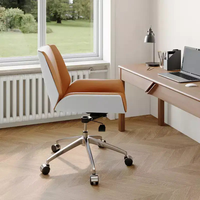 Chaise de bureau pivotante Mid-Century Moderne avec dossier en bois courbé noyer et assise en similicuir Hauteur réglable et base roulante