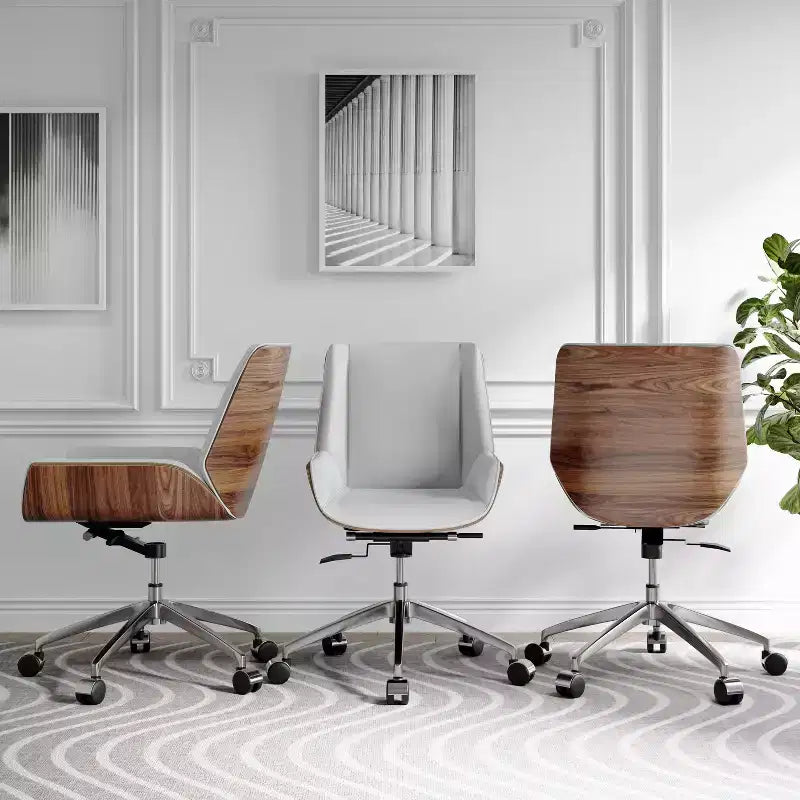 Chaise de bureau pivotante Mid-Century Moderne avec dossier en bois courbé noyer et assise en similicuir Hauteur réglable et base roulante