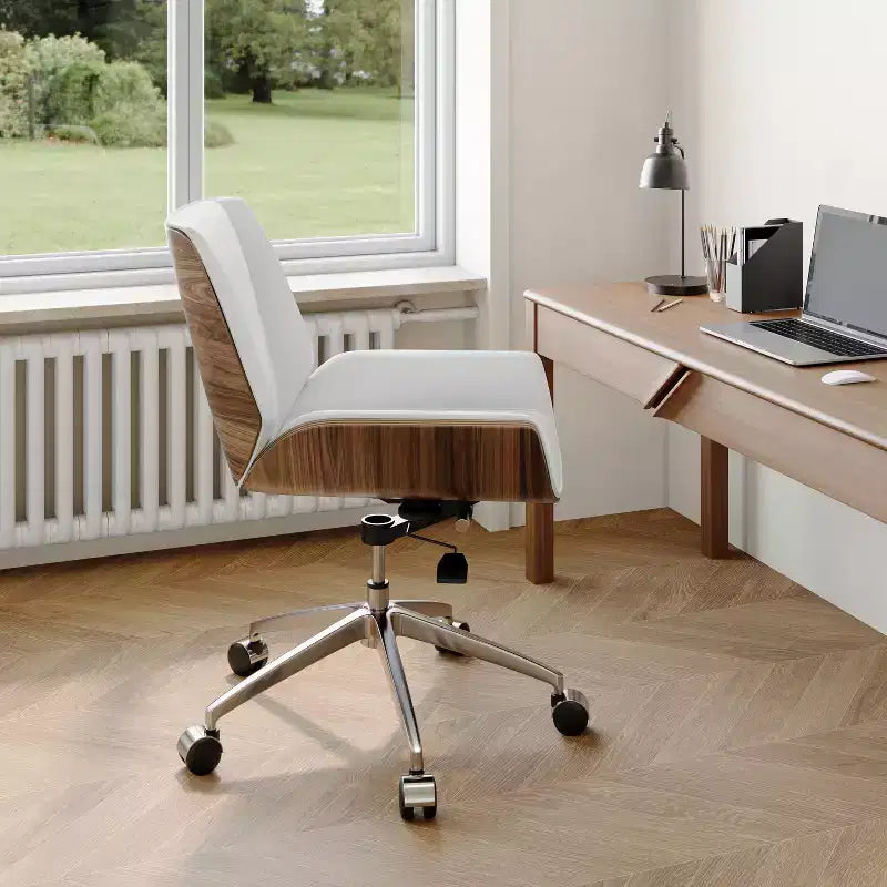 Chaise de bureau pivotante Mid-Century Moderne avec dossier en bois courbé noyer et assise en similicuir Hauteur réglable et base roulante