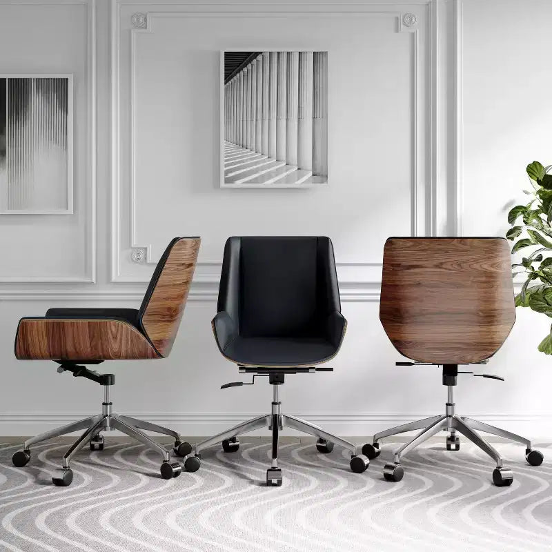 Chaise de bureau pivotante Mid-Century Moderne avec dossier en bois courbé noyer et assise en similicuir Hauteur réglable et base roulante