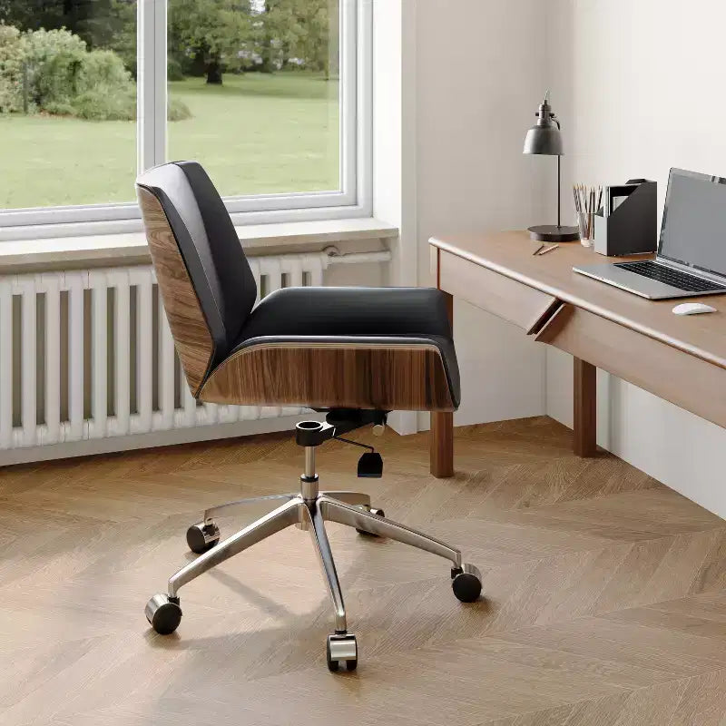 Chaise de bureau pivotante Mid-Century Moderne avec dossier en bois courbé noyer et assise en similicuir Hauteur réglable et base roulante