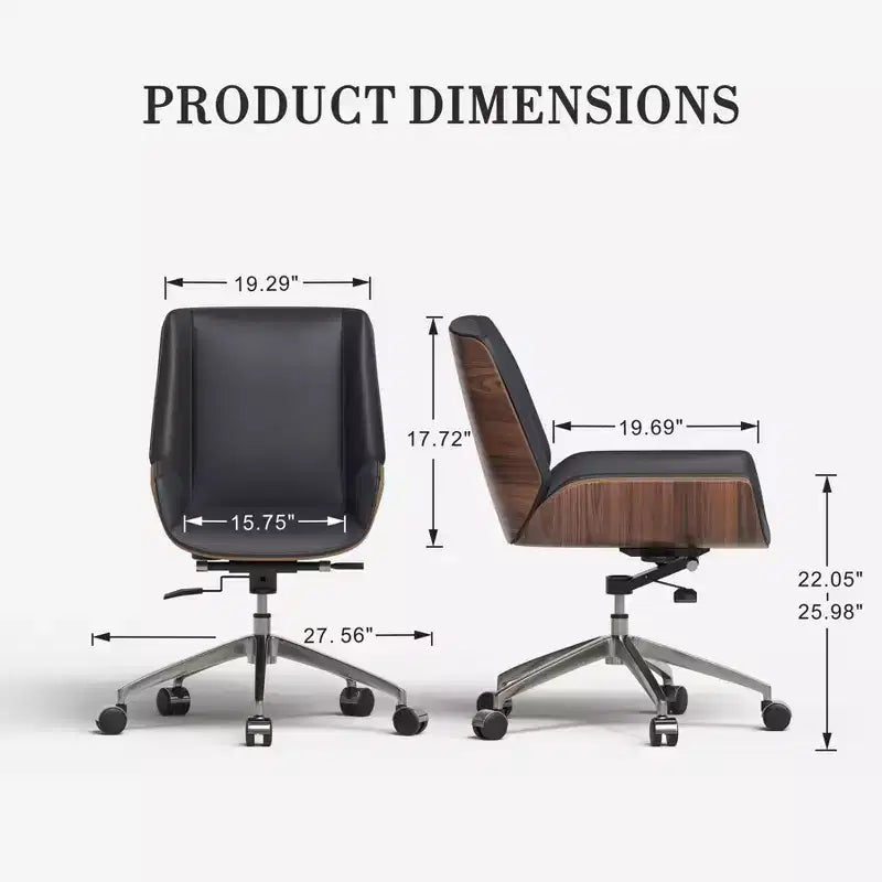 Chaise de bureau pivotante Mid-Century Moderne avec dossier en bois courbé noyer et assise en similicuir Hauteur réglable et base roulante