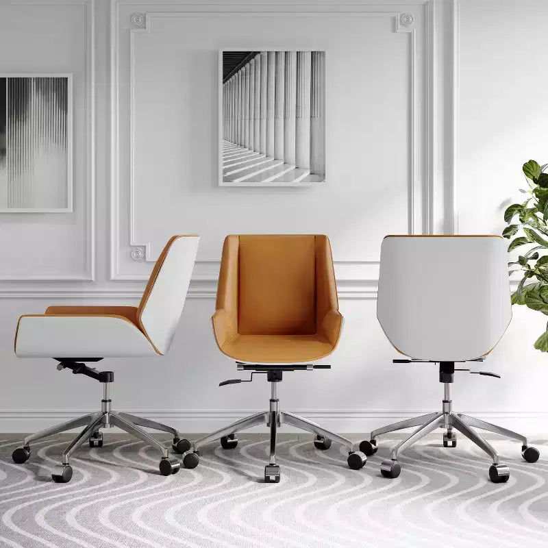 Chaise de bureau pivotante Mid-Century Moderne avec dossier en bois courbé noyer et assise en similicuir Hauteur réglable et base roulante