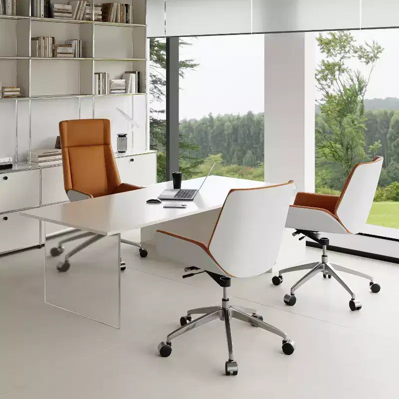 Chaise de bureau pivotante Mid-Century Moderne avec dossier en bois courbé noyer et assise en similicuir Hauteur réglable et base roulante