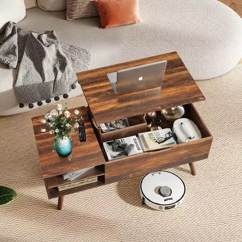 Table basse relevable avec étagère de rangement réglable et compartiment caché, table à manger relevable pour salon, chêne rustique