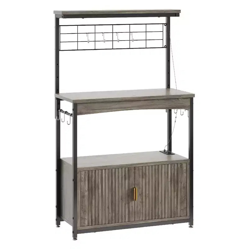 Étagère de Boulanger avec Prise de Courant, Support de Micro-ondes de Cuisine Réglable en Hauteur de 45 à 55 cm avec Armoire de Rangement, Support de Cuisine avec 10 Crochets en S