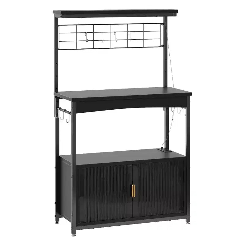 Étagère de Boulanger avec Prise de Courant, Support de Micro-ondes de Cuisine Réglable en Hauteur de 45 à 55 cm avec Armoire de Rangement, Support de Cuisine avec 10 Crochets en S