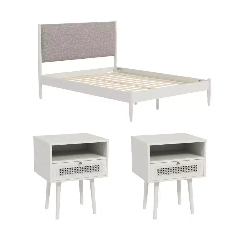 Ensemble de chambre Feeney 3 pièces, lit plateforme avec deux tables de chevet, blanc crème, grand lit