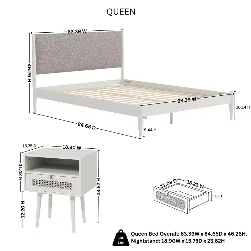 Ensemble de chambre Feeney 3 pièces, lit plateforme avec deux tables de chevet, blanc crème, grand lit