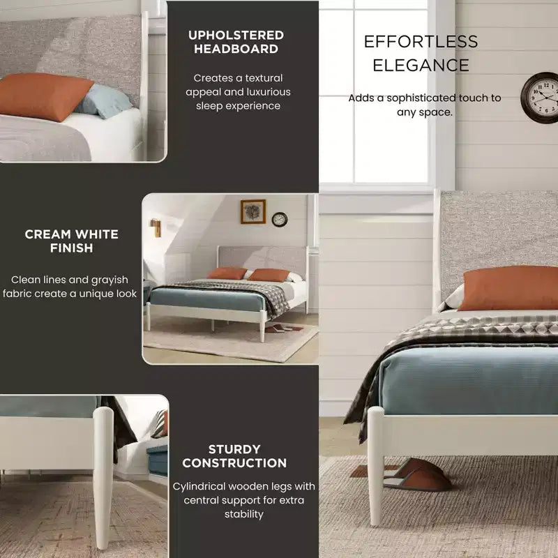 Ensemble de chambre Feeney 3 pièces, lit plateforme avec deux tables de chevet, blanc crème, grand lit