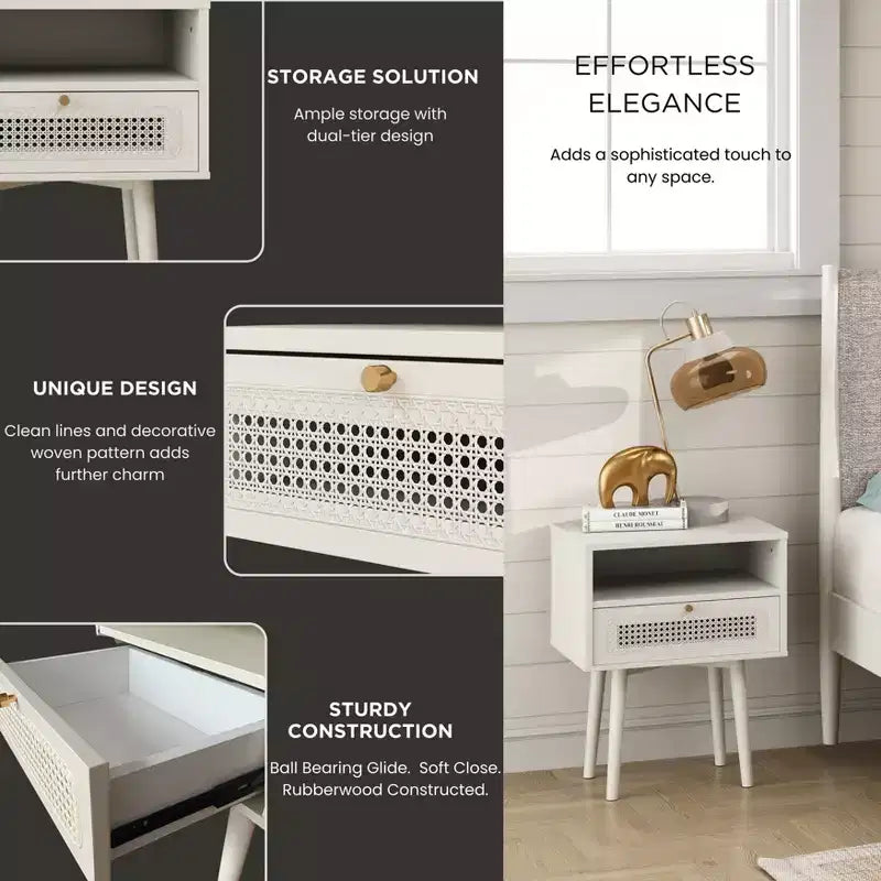 Ensemble de chambre Feeney 3 pièces, lit plateforme avec deux tables de chevet, blanc crème, grand lit