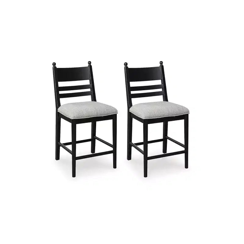 Tabourets de bar rembourrés Chadworth hauteur comptoir, lot de 2, structure en bois noir avec assise rembourrée en mousse grise
