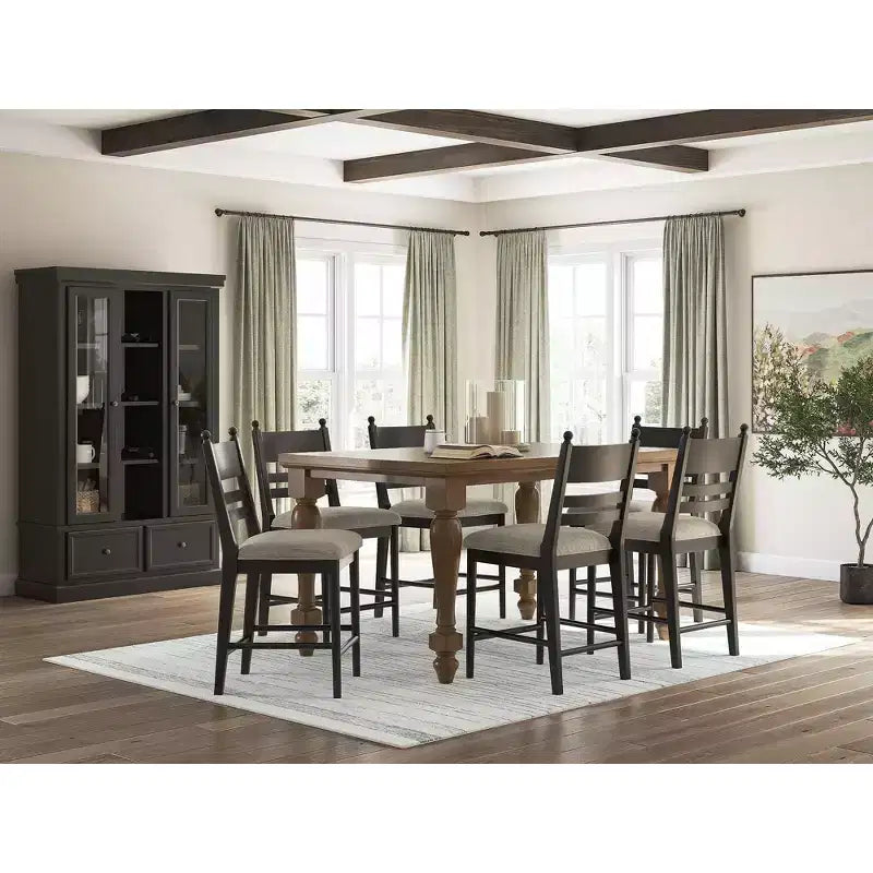 Tabourets de bar rembourrés Chadworth hauteur comptoir, lot de 2, structure en bois noir avec assise rembourrée en mousse grise