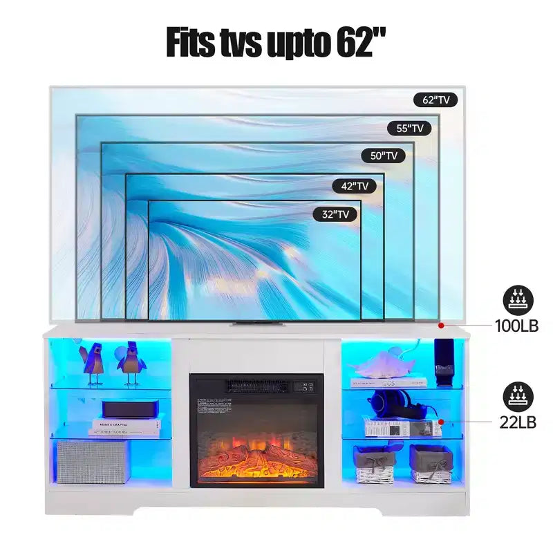 Meuble TV cheminée 3D avec lumières LED pour TV jusqu'à 60 pouces, prise de chargement USB et étagères en verre