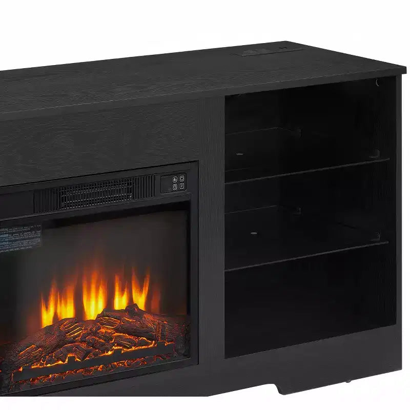 Meuble TV cheminée 3D avec lumières LED pour TV jusqu'à 60 pouces, prise de chargement USB et étagères en verre