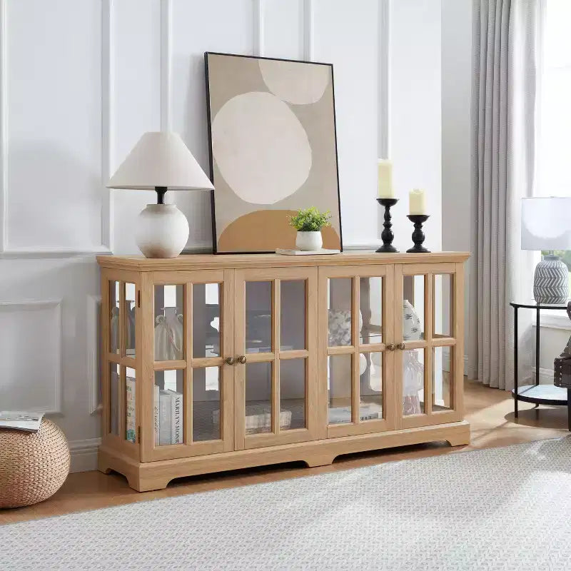Meuble vitrine, vitrine en verre éclairée avec 4 portes vitrées et étagères réglables, vitrine éclairée avec bande lumineuse LED, meuble TV