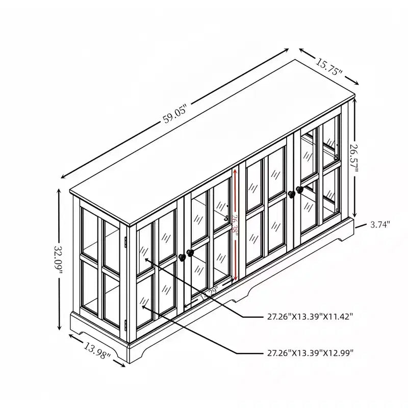 Meuble vitrine, vitrine en verre éclairée avec 4 portes vitrées et étagères réglables, vitrine éclairée avec bande lumineuse LED, meuble TV