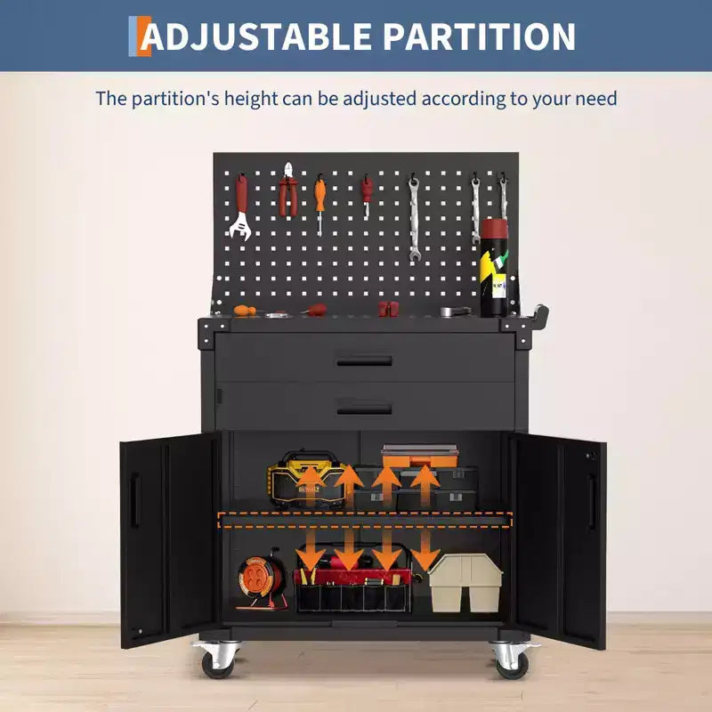 Établi d'atelier robuste avec 2 tiroirs et panneau perforé, rangement d'atelier verrouillable