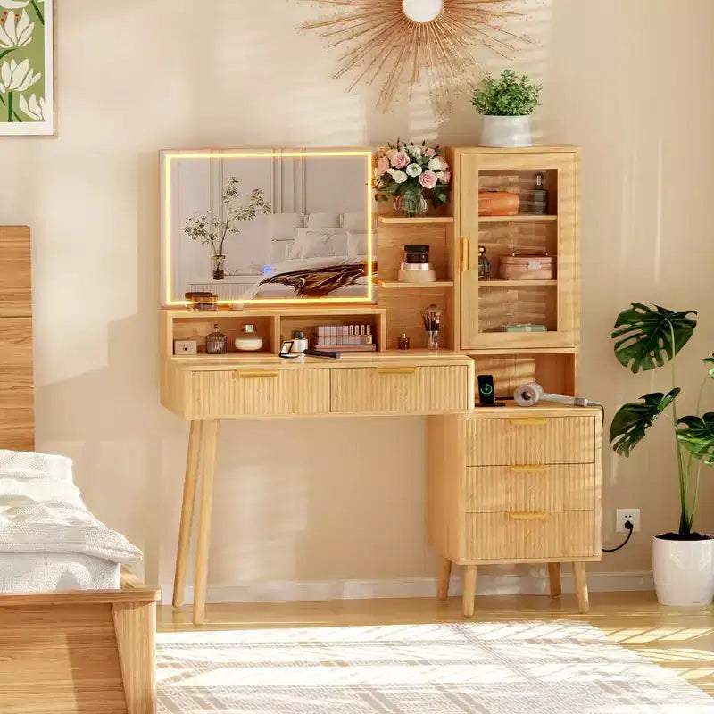 COZONY 5 Drawers Makeup Vanity Desk with Lights & Power Outlet, Fluted Vanity Table with 23.6 Lighted Mirror